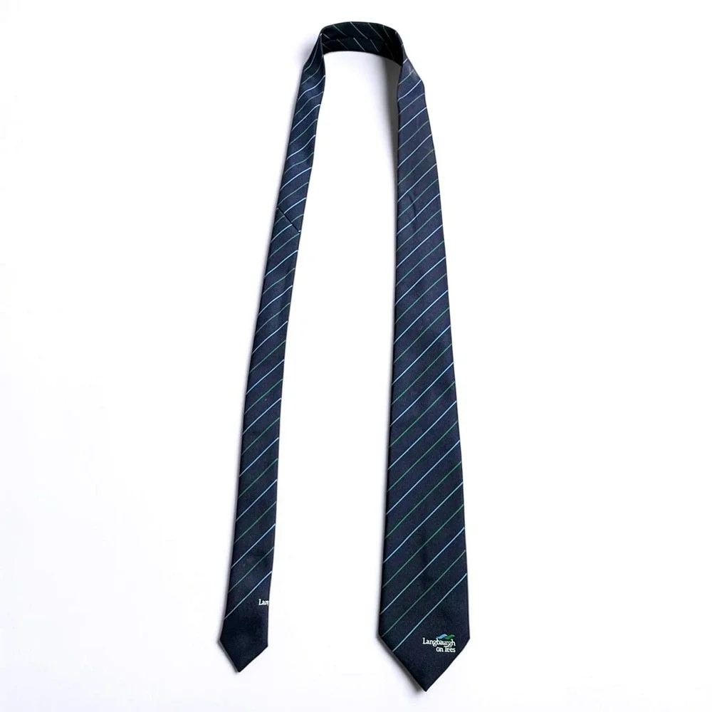 M.&C. McDade Glasgow Mens Tie Navy Blue Green Striped Langbaurgh on Tees Logo‎
